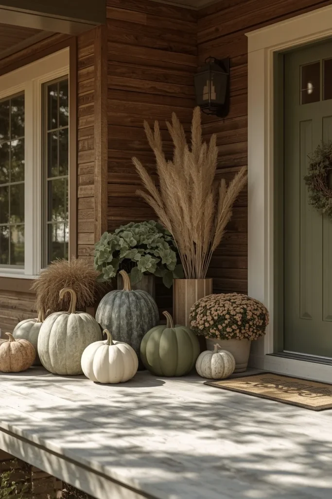 23 Fall Front Porch Decor Ideas Neighbors Will Envy 18 front porch, featuring a muted olive green and chestnut brown fall display with heirloom green pumpkins