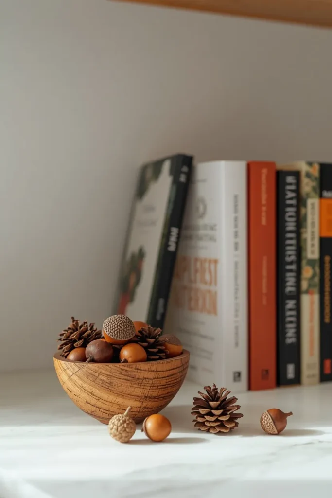 20 Fall Kitchen Decor Ideas That Are Easy to Recreate 18 kitchen counter close-up, featuring a small wood bowl filled with acorns