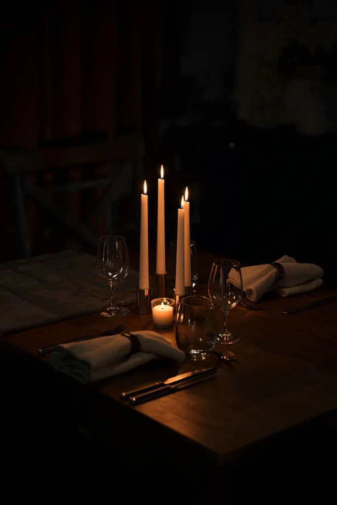 18 Fall Table Setting Ideas for Cozy Autumn Dinners 18 small dining table set for two, featuring a cluster of candles at varying heights