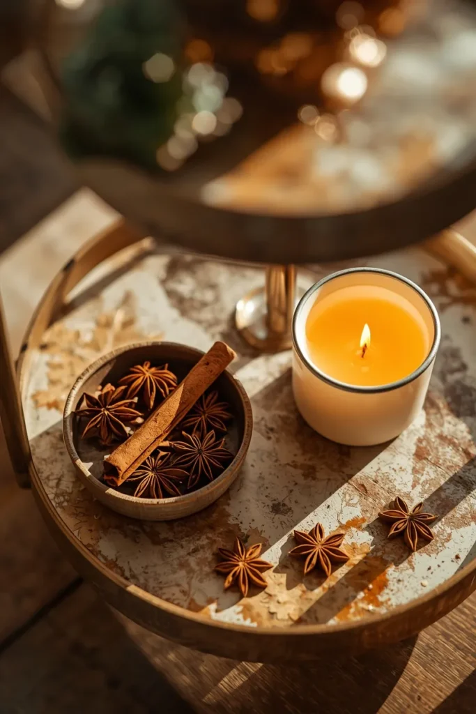 tiered tray close-up, featuring a small dish of cinnamon sticks and star anise