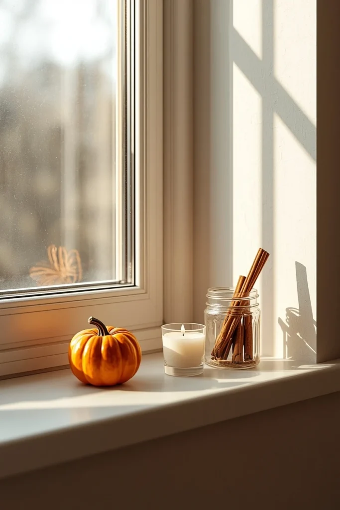  kitchen window ledge, featuring a mini pumpkin, a short candle,