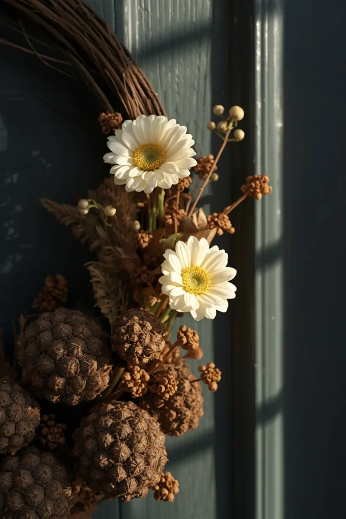 24 Fall Wreath Ideas to Welcome the Season in Style 18 front door close-up, featuring a wreath combining creamy craspedia billy button bloom