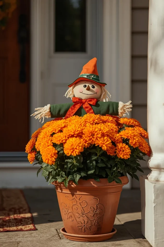 19 Fun DIY Scarecrow Ideas for fall that Kids Will Love Making 18 outdoor porch close-up, featuring a small fabric scarecrow garden stake