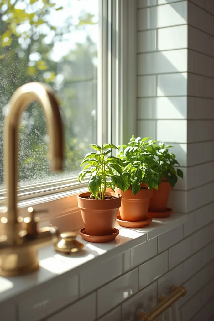 21 Green Bathroom Ideas That Bring Nature's Calm Into Your Home 18 bathroom windowsill, featuring small terracotta pots of basil
