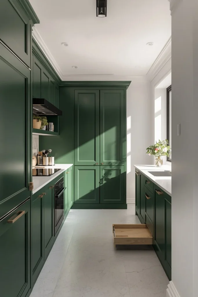 17 Green Kitchen Designs That Feel Bold, Fresh & Totally Unexpected 18 small compact kitchen, featuring deep green integrated cabinetry and matching appliance panels