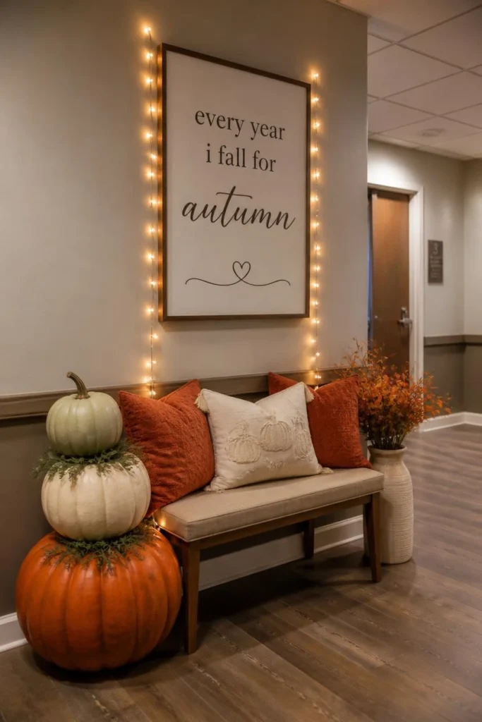 medical office hallway corner, featuring a faux pumpkin stack