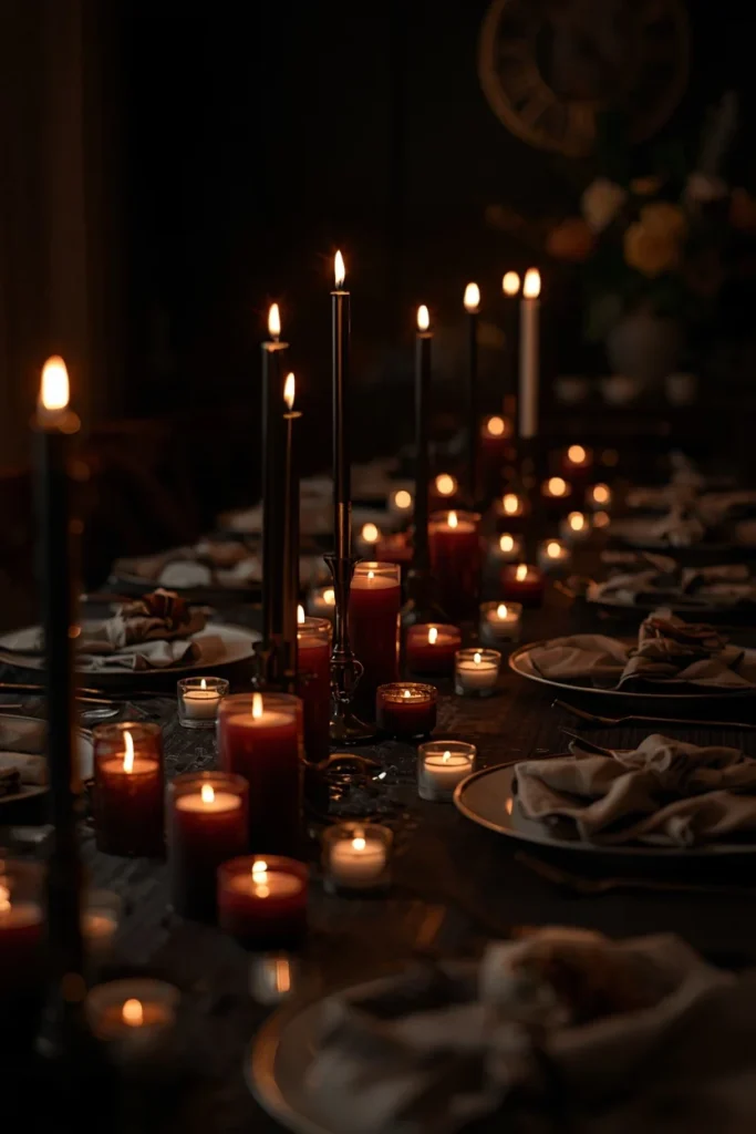  candlelit dining table shot, featuring a mix of black taper candles, burgundy pillar candles