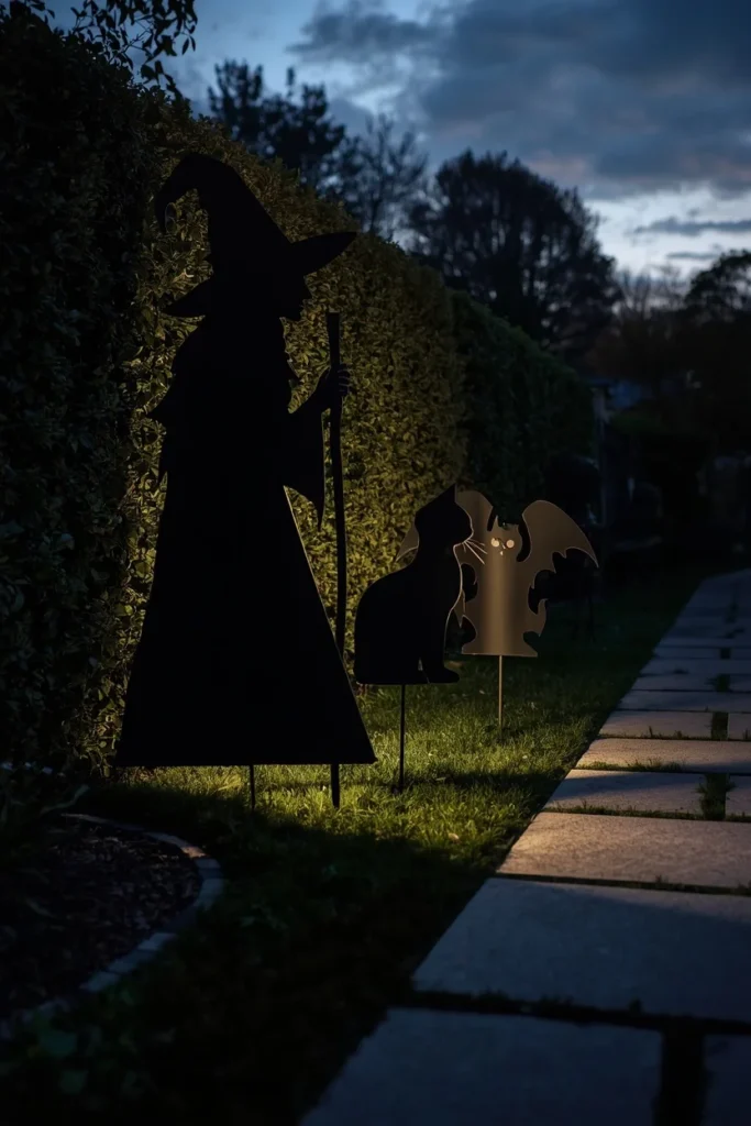 18 Halloween Walkway Ideas That Set the Spooky Mood Early 18 Halloween silhouette display, featuring flat black plywood cutouts of a witch,