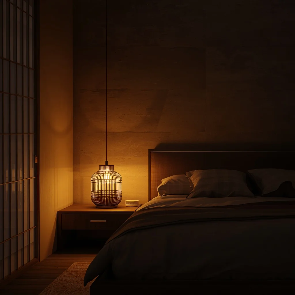  Japandi bedroom at dusk, featuring three layered warm light sources: a bamboo pendant,