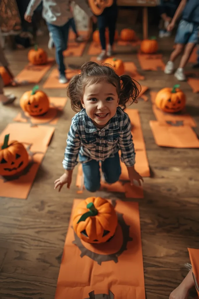  kids party game, featuring orange paper pumpkin cutouts taped across a wood floor