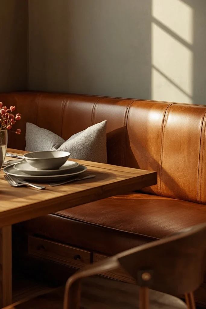 21 Kitchen Banquette Seating Ideas That Make Every Meal Feel Special 18 family kitchen nook, featuring a cognac leather corner banquette with visible soft patina