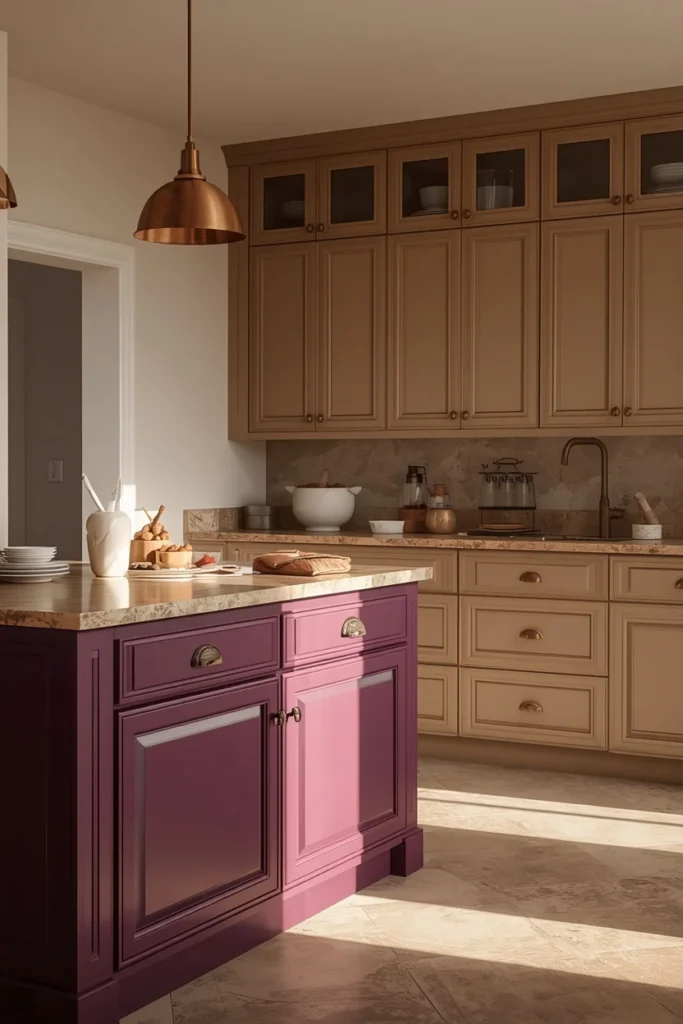  kitchen, featuring a plum-colored kitchen island with warm neutral perimeter cabinets
