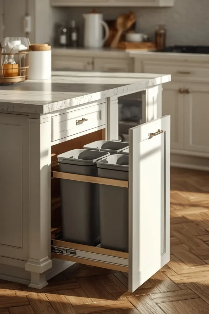  kitchen island, featuring an open pull-out cabinet revealing separated trash 
