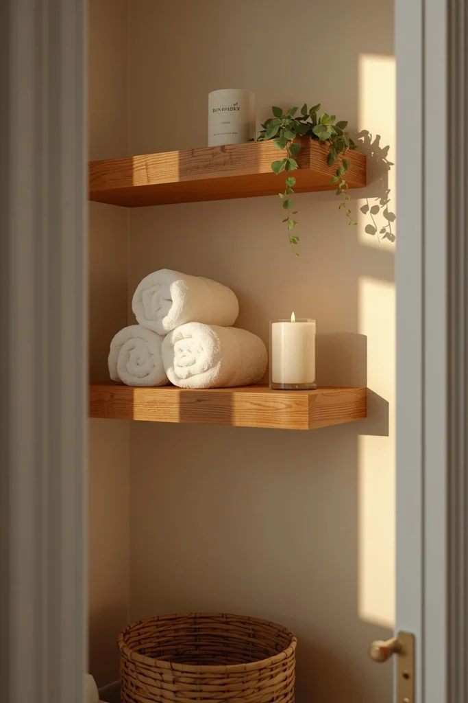 25 Modern Bathroom Designs That Look Like a 5-Star Spa Retreat 18 bathroom styling vignette, featuring floating wood shelves with rolled white towels,