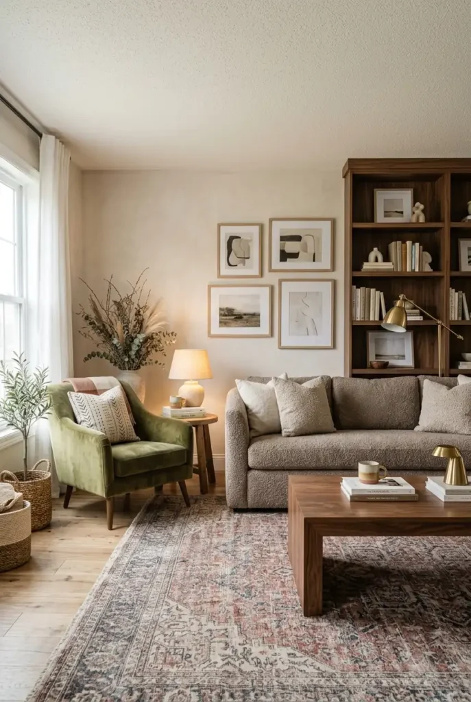  living room, featuring a mushroom-toned boucle sofa, warm walnut coffee table 