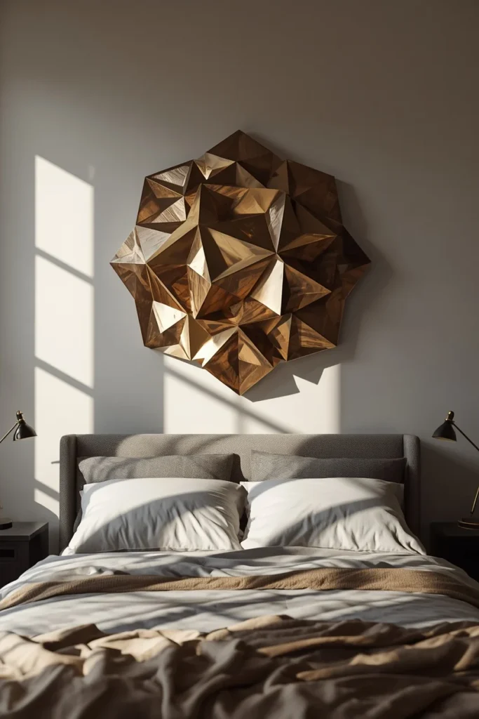 bedroom, featuring a dimensional sculptural geometric wall art piece in brass 