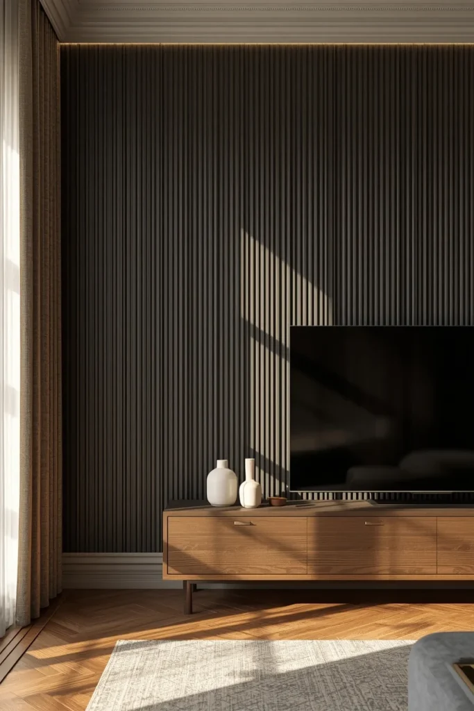  living room accent wall close-up, featuring peel-and-stick fluted paneling