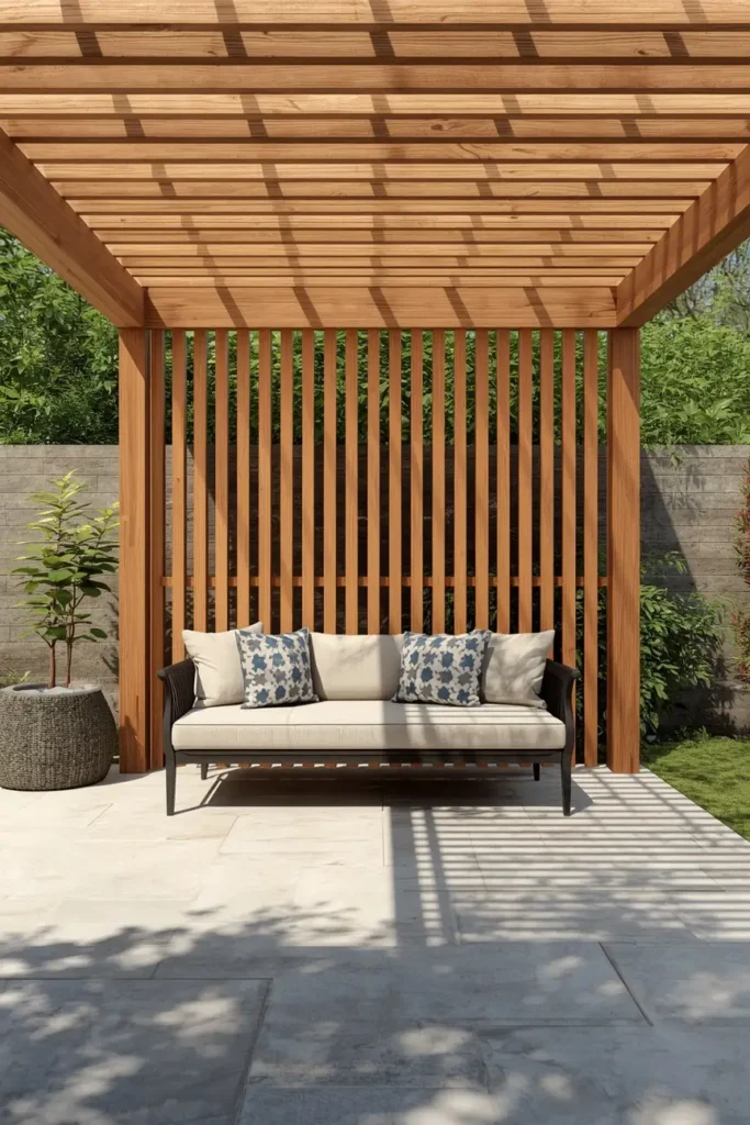 backyard pergola, featuring a vertical wood slat privacy wall on one side
