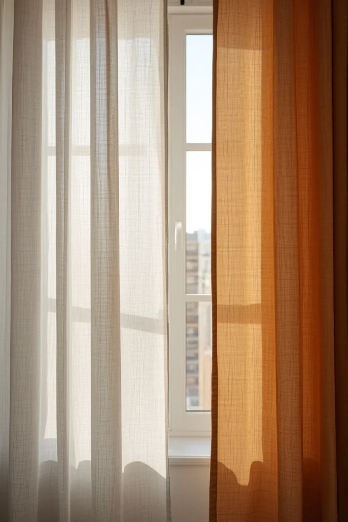  small apartment window, featuring two layered curtain panels, 