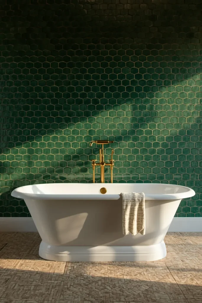 18 Scalloped Tile Ideas for a Soft, Statement-Making Bathroom 18 bathroom shot, featuring a deep emerald scalloped tile wall extending floor to ceiling