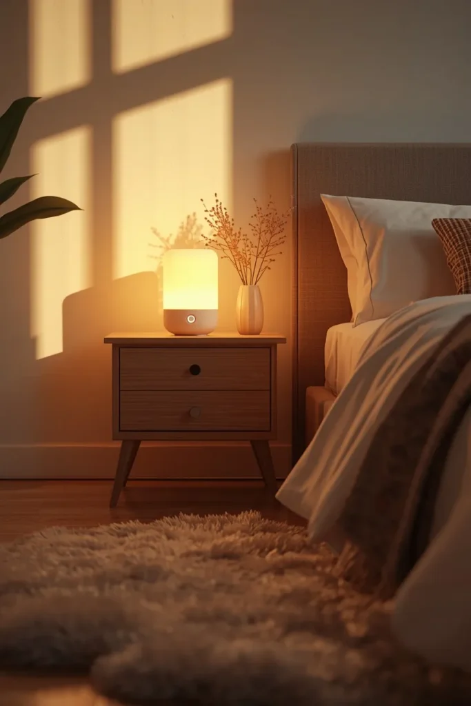 17 Tiny Bedroom Design Ideas for Couples (That Still Feel Romantic) 18 small bedroom, featuring a small white noise machine and a diffuser glowing softly