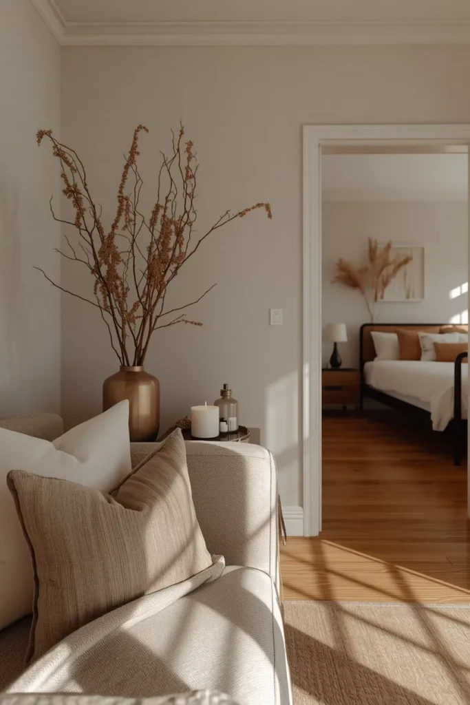 17 Understated Fall Decor Ideas for a Minimal, Modern Home 18 wide angle home interior shot, featuring one fully styled living room
