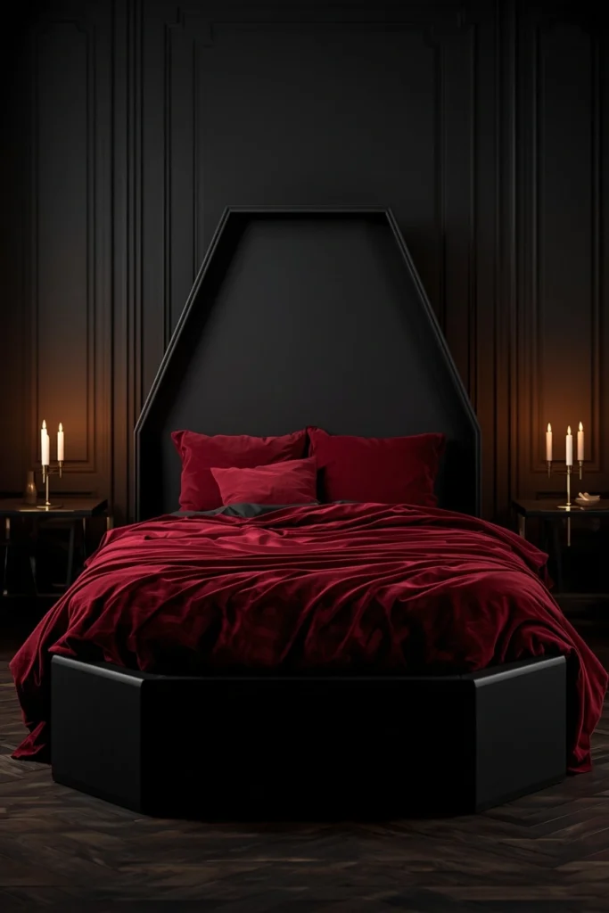21 Vampy Romantic Bedroom Ideas for a Moody, Gothic-Chic Retreat 18 bedroom shot, featuring a matte black coffin-shaped bed frame with deep red velvet bedding