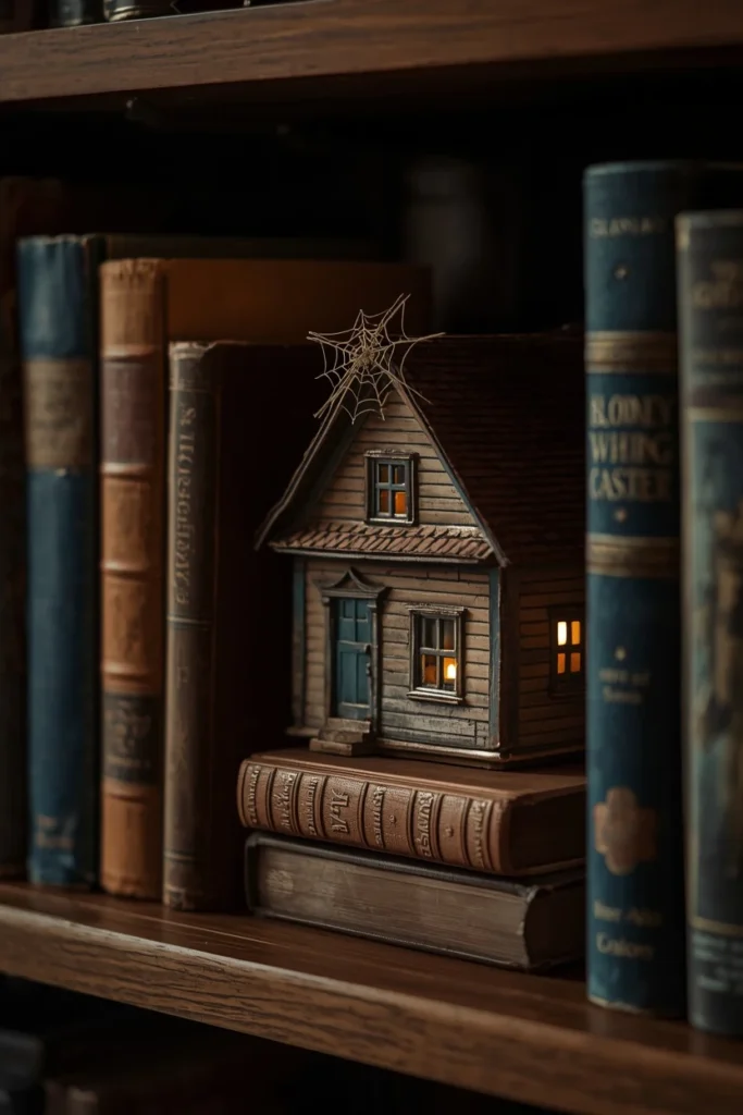 23 Vintage Halloween Decor Ideas That Look Straight Out of an Old Storybook 18 bookshelf styling, featuring a weathered miniature dollhouse tucked