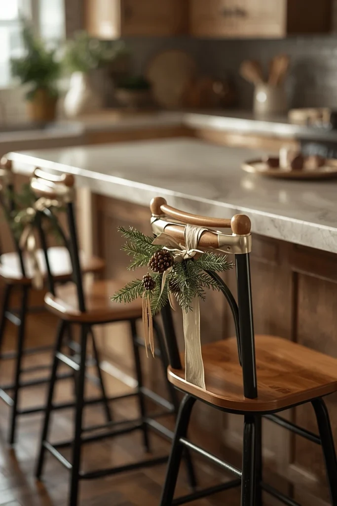 19 Ways to Decorate a Farmhouse Kitchen for Christmas (Cozy, Budget-Friendly Ideas) 18 farmhouse kitchen island bar stools, featuring small pinecone