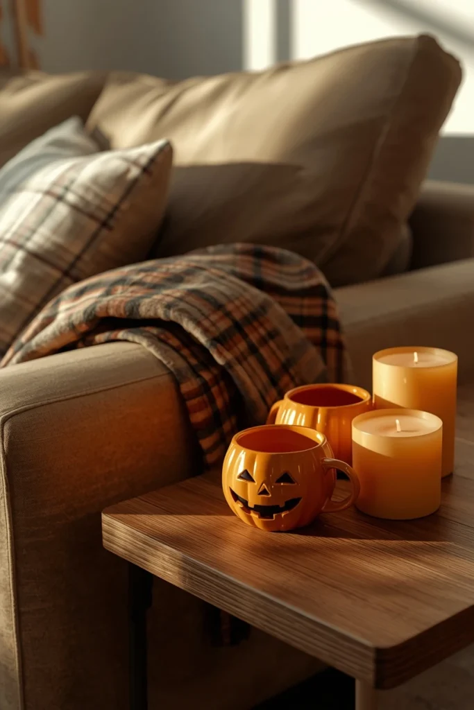 25 Whimsical Halloween Decor Ideas That Feel Spooky and Cute 18 living room side table, featuring a plaid flannel throw draped over a sofa arm
