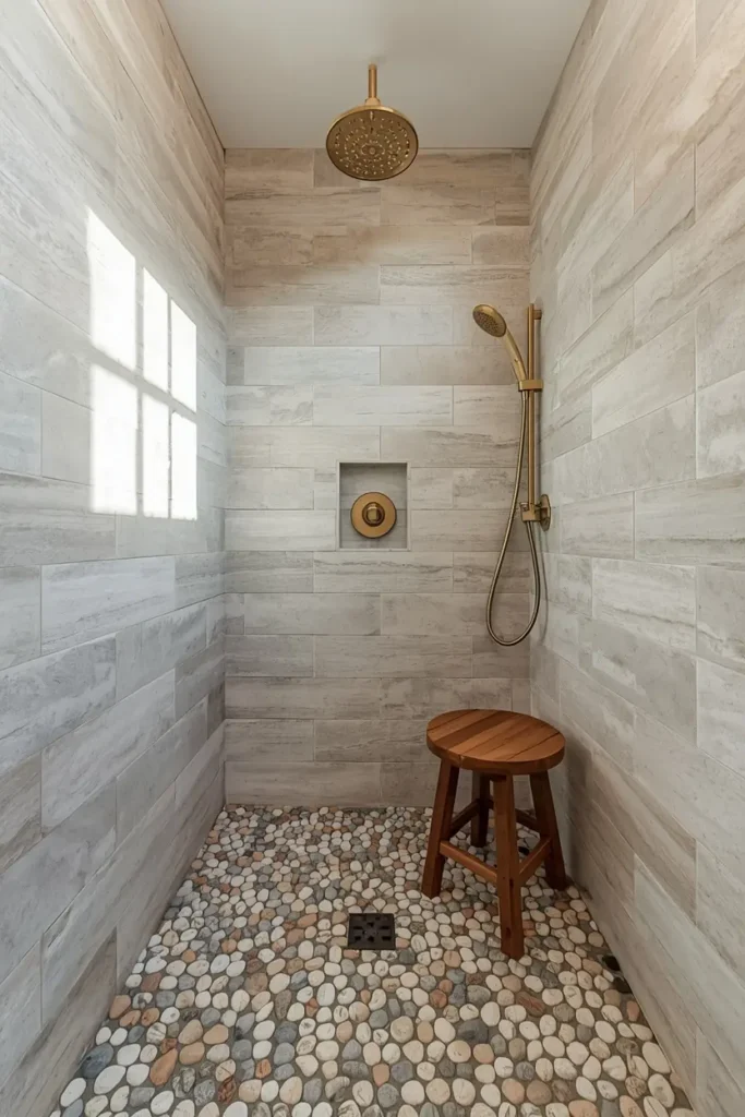 18 Bathroom Tile Ideas That Are Bold Enough to Transform Everything 19 walk-in shower, featuring natural pebble mosaic tile flooring in soft gray