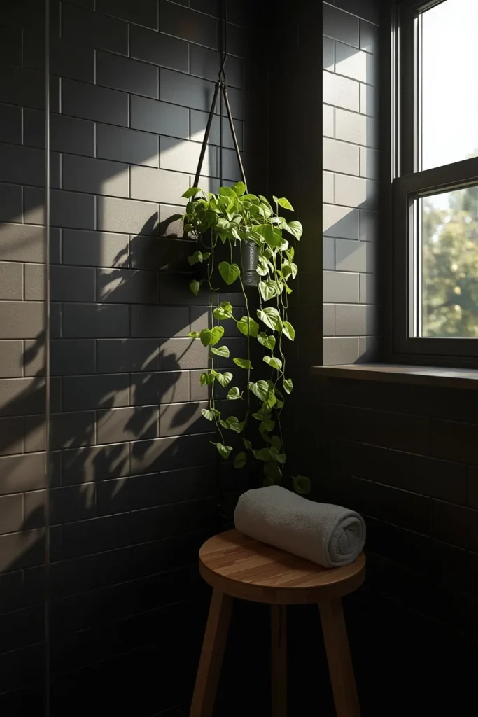 19 Black Bathroom Ideas That Are Dramatic, Chic & Completely Stunning 19 bathroom corner, featuring matte black tiled wall, trailing pothos plant