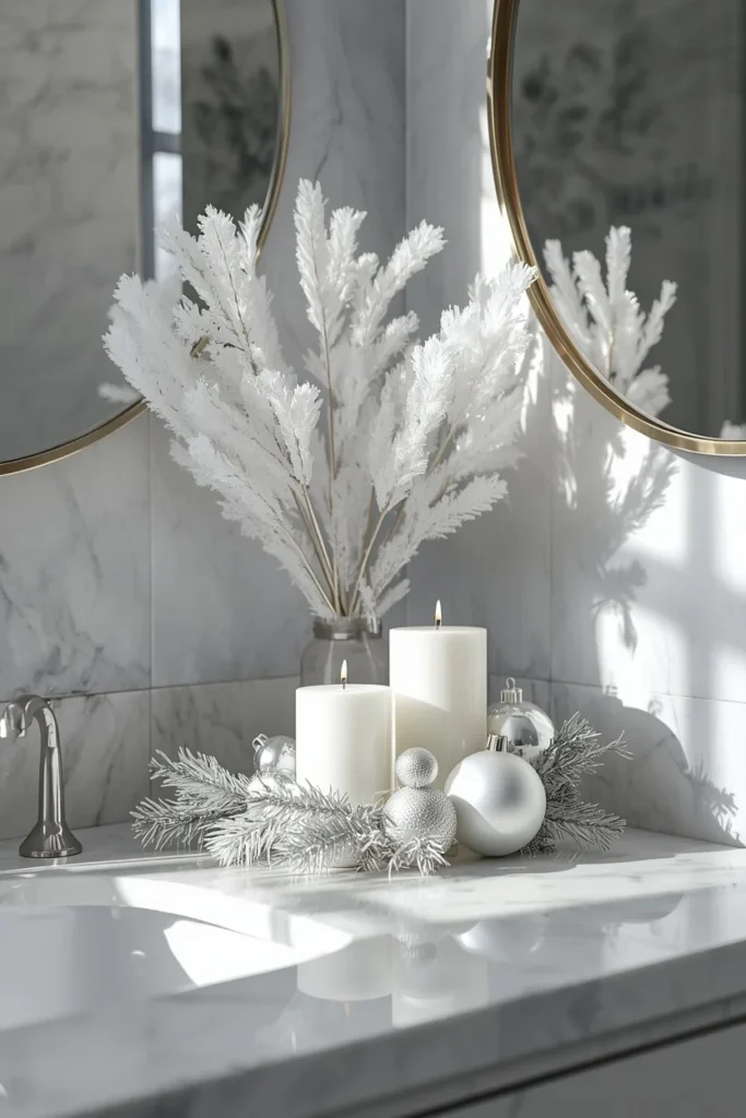  modern Christmas bathroom, featuring a winter white and silver metallic vignette
