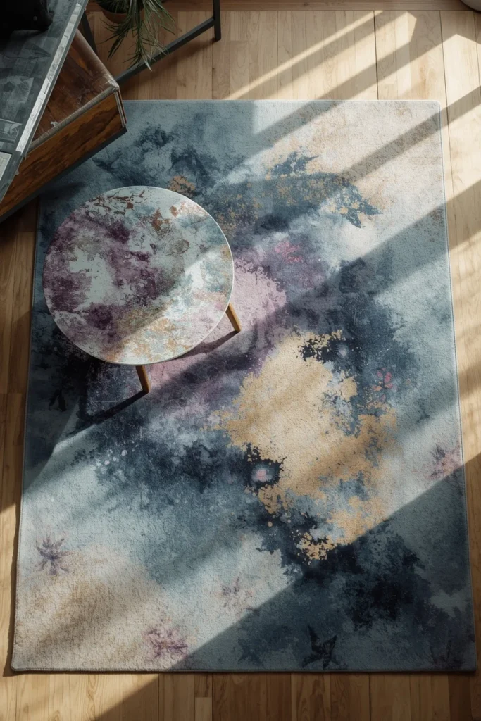 22 Cosmic Interior Design Ideas for a Starry, Galaxy-Inspired Home 19 overhead angle living room shot, featuring a large area rug with a soft blurred cosmic print in deep blue