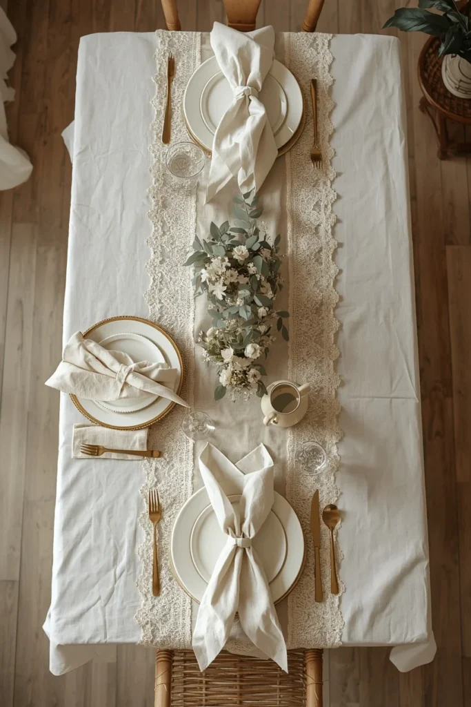  dining table overhead shot, featuring an ivory lace tablecloth layered under a linen runner 