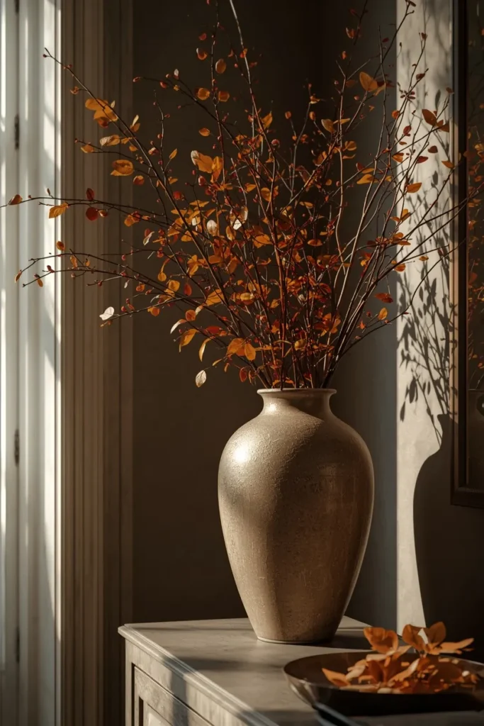 20 Cozy Warm Neutral Fall Living Room Ideas Anyone Can Recreate 19 living room console close-up, featuring a large heavy stoneware vase