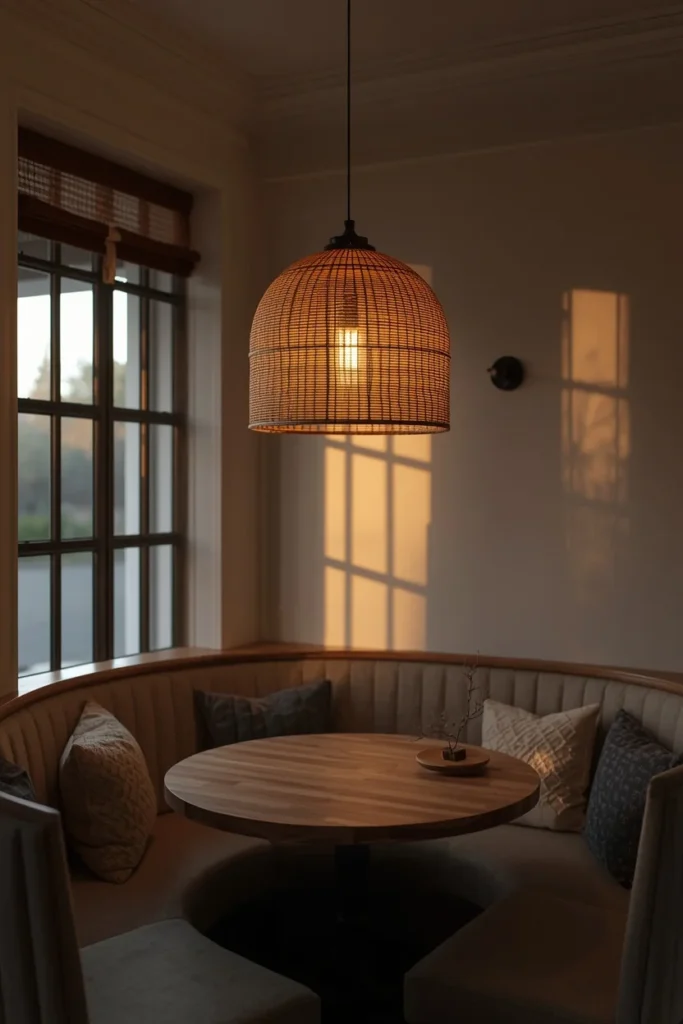  kitchen nook shot, featuring a woven rattan pendant light hanging above a curved banquette
