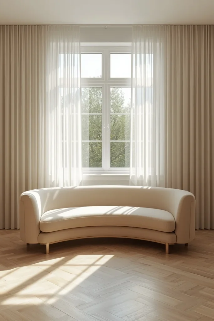  small living room shot, featuring a curved neutral sofa positioned directly beneath a large window