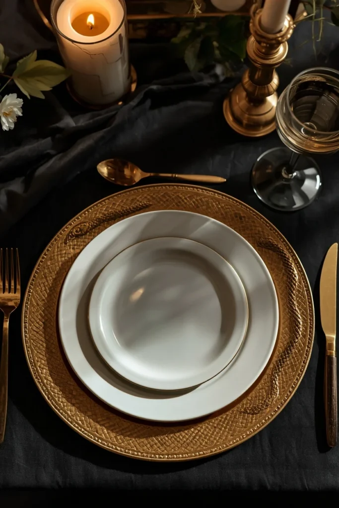 18 Elegant Halloween Dining Table Ideas for a Chic Fright Night 19 place setting close-up, featuring a gold charger plate bordered with a coiled snake motif