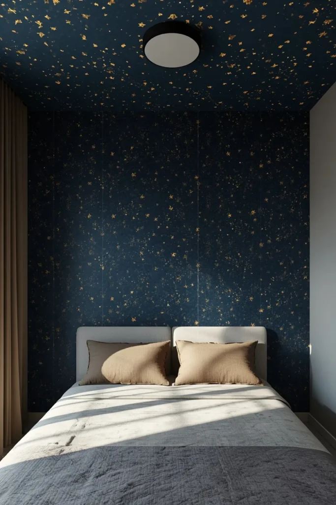  bedroom, featuring a deep navy and gold star-patterned wallpaper 