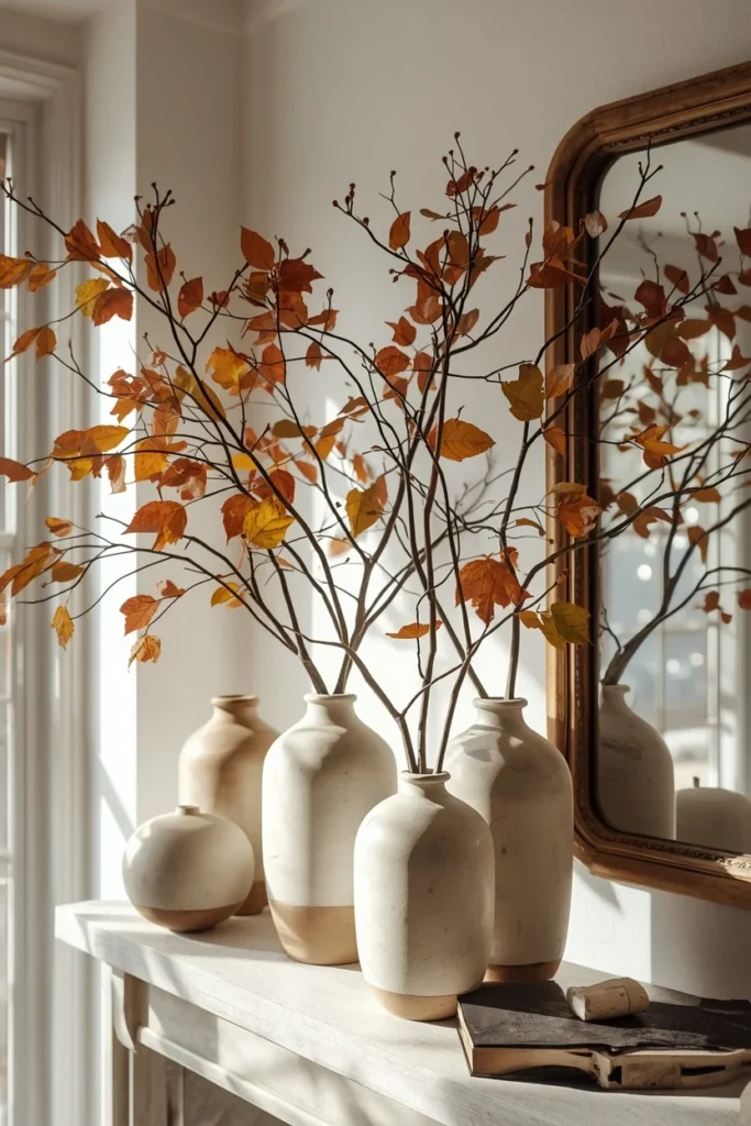  farmhouse living room mantel, featuring a grouping of matte ceramic vases in varying heights