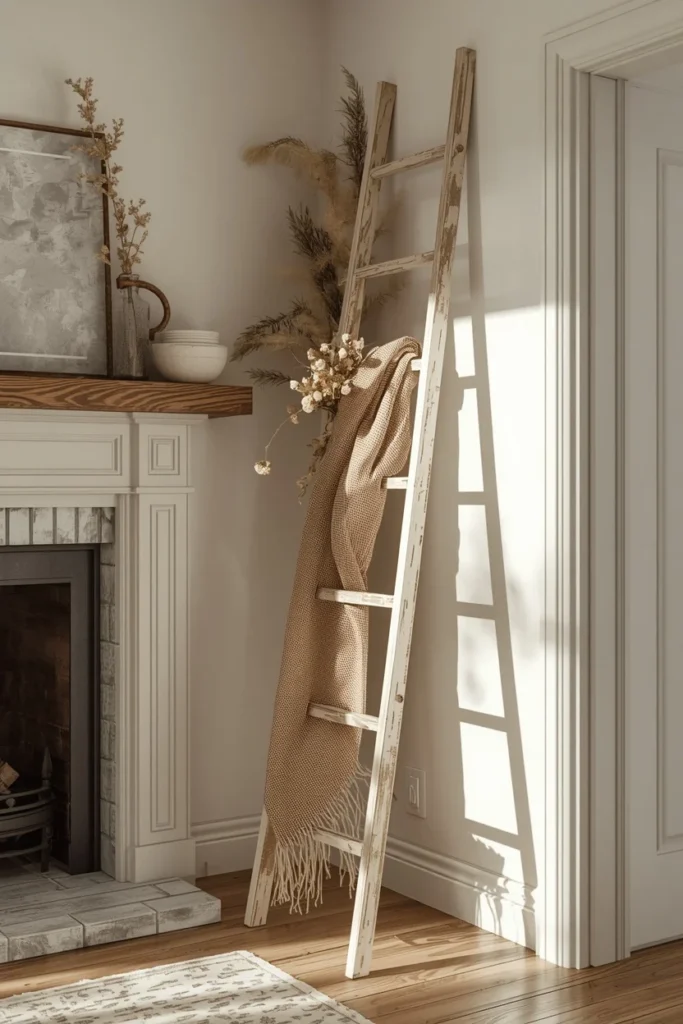  living room corner beside a fireplace, featuring a small whitewashed wood ladder