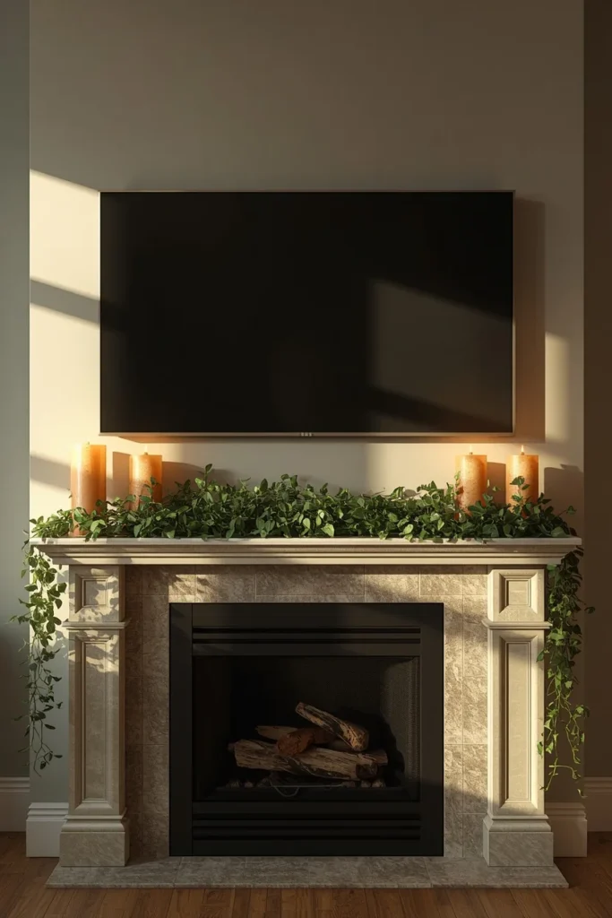  living room mantel, featuring a wall-mounted TV above the fireplace with small candle groupings