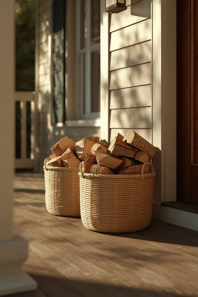 23 Fall Front Porch Decor Ideas Neighbors Will Envy 19 front porch, featuring a pair of woven seagrass baskets filled with stacked firewood