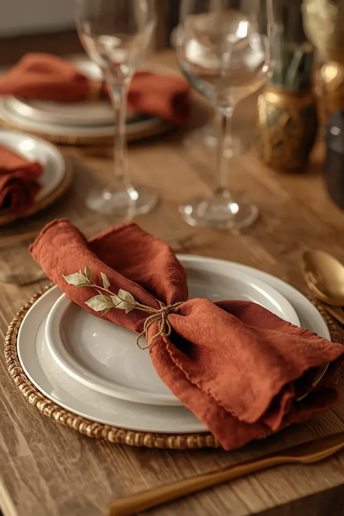 20 Fall Kitchen Decor Ideas That Are Easy to Recreate 19 kitchen table close-up, featuring rust and mustard cloth napkins