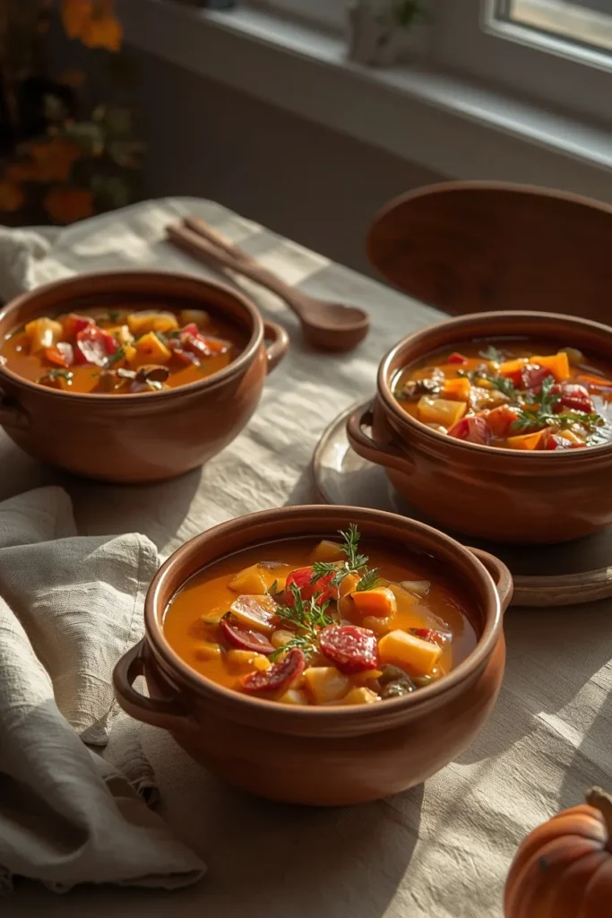 18 Fall Table Setting Ideas for Cozy Autumn Dinners 19 dining table, featuring wide rustic stoneware bowls filled with hearty soup