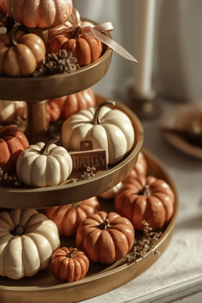 tiered tray close-up, featuring budget-friendly mini foam and ceramic pumpkins