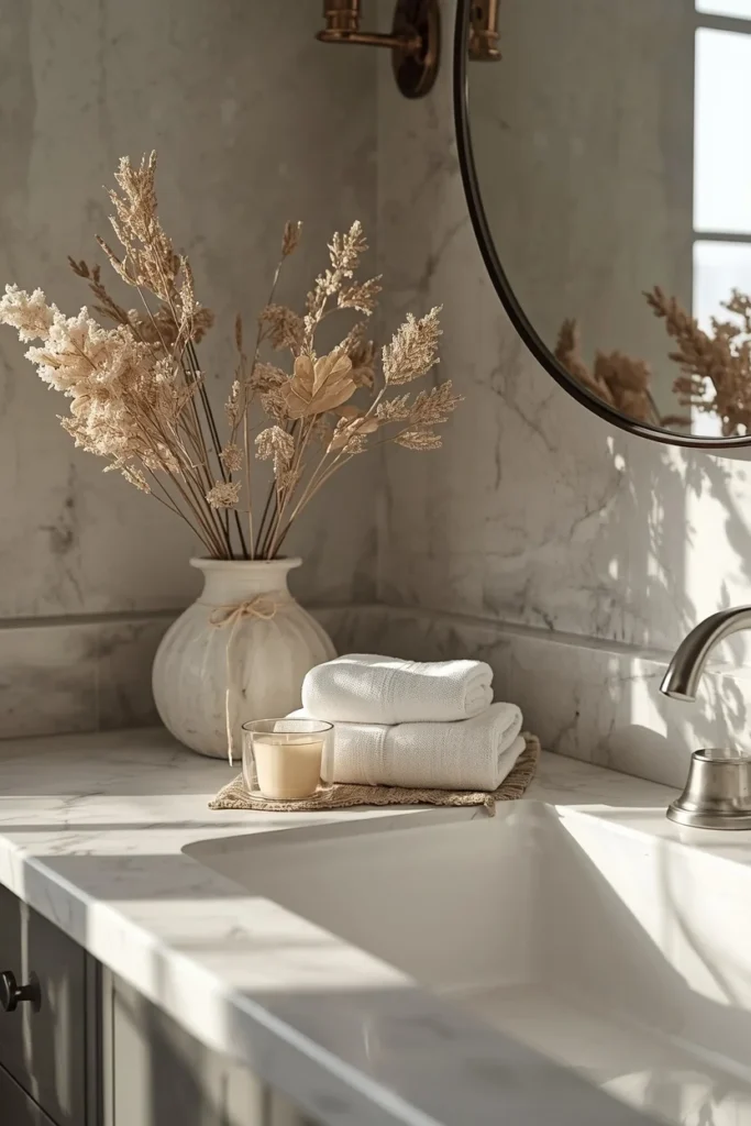 bathroom counter, featuring a small vase of dried florals, folded hand towels, 