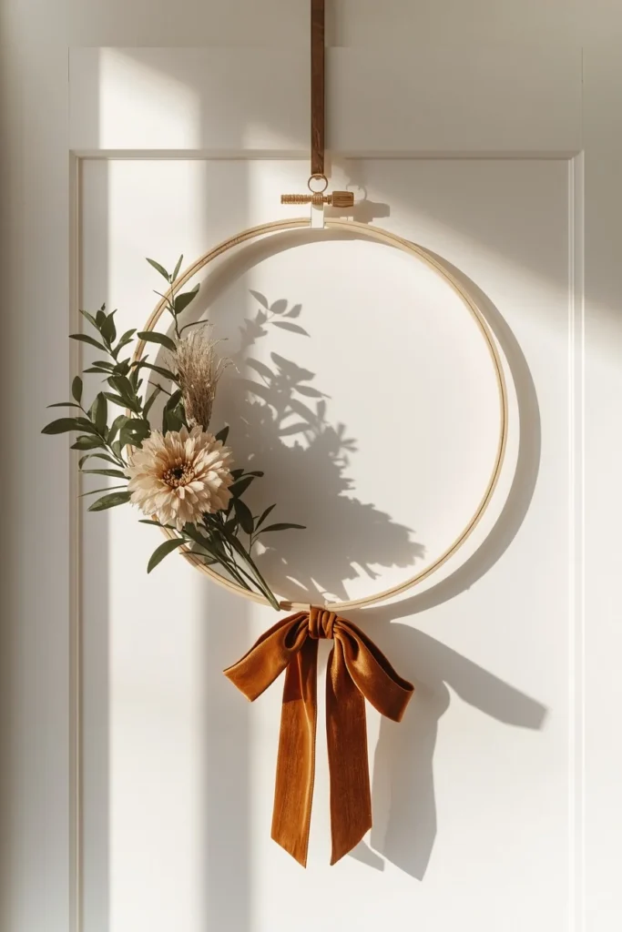 24 Fall Wreath Ideas to Welcome the Season in Style 19 front door close-up, featuring a minimalist wooden embroidery hoop wreath