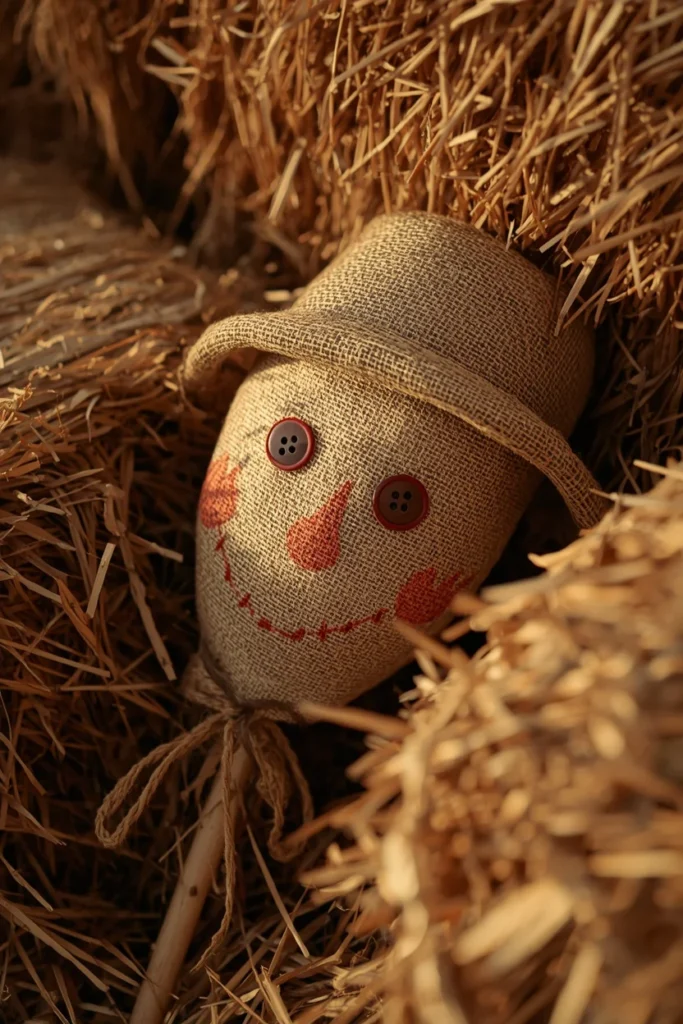 19 Fun DIY Scarecrow Ideas for fall that Kids Will Love Making 19 outdoor close-up, featuring a stuffed burlap sack scarecrow head with button eyes